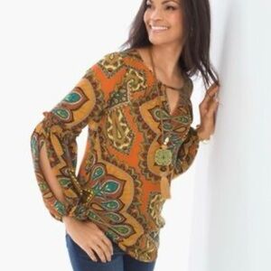 Chico’s Bohemian Paisley Print Popover Blouse Top Women’s Size 2 US L/12 Puffy